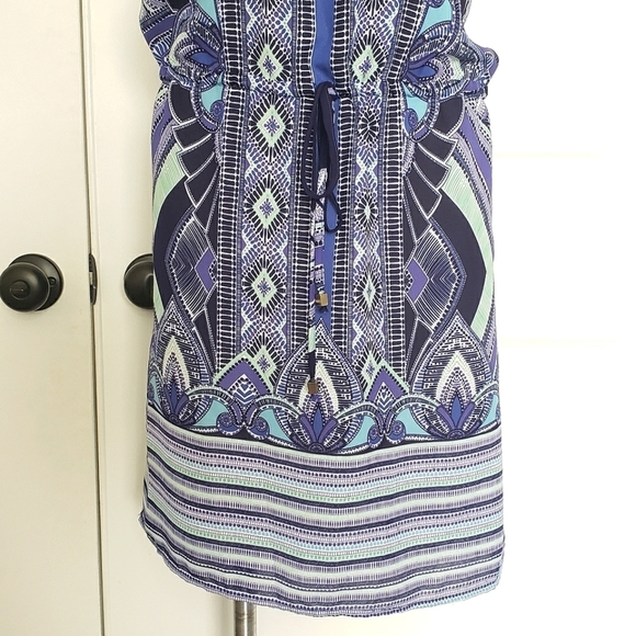 Mercer & Madison Geo Stripe Blue Green Sleeveless Drawstring Waist Dress 4 - Picture 4 of 8